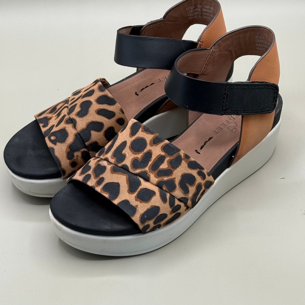 Naked Feet Koda Leopard Print Leather Platform Sandal Black Tan Women 6M 19F083